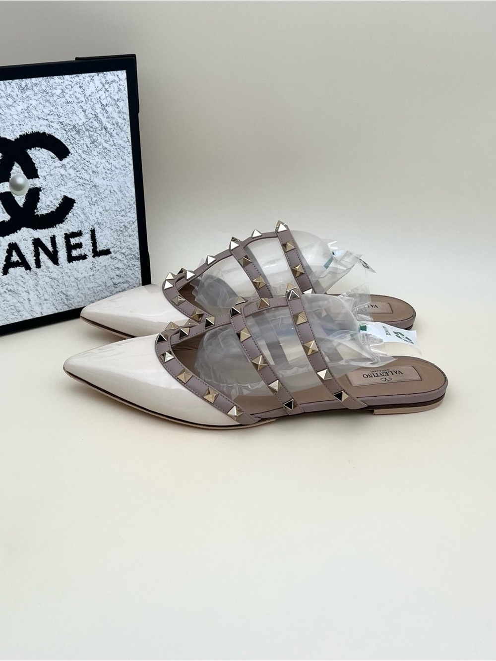 Valentino Nude Ivory Pointed Rockstud Slip-On Mules